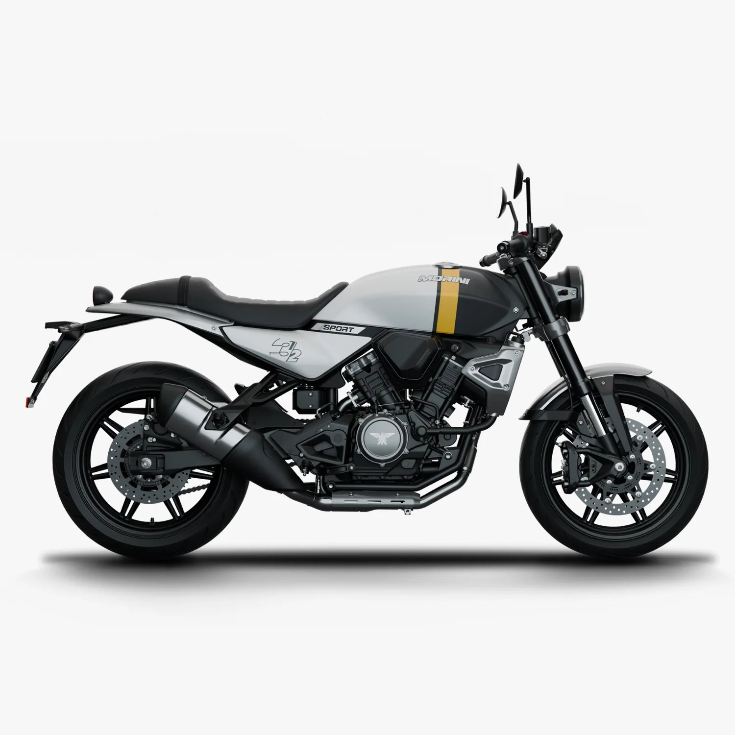 Gray and black sport motorcycle with yellow stripe and black exhaust pipe on white background.