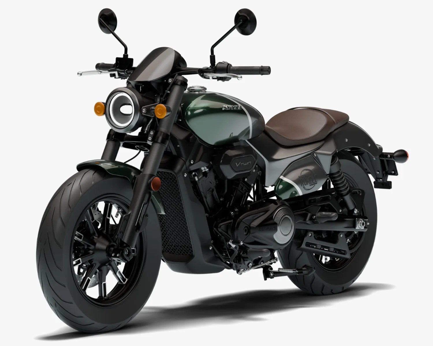 Dark green and black cruiser motorcycle with round LED headlight and brown leather seat on a white background.