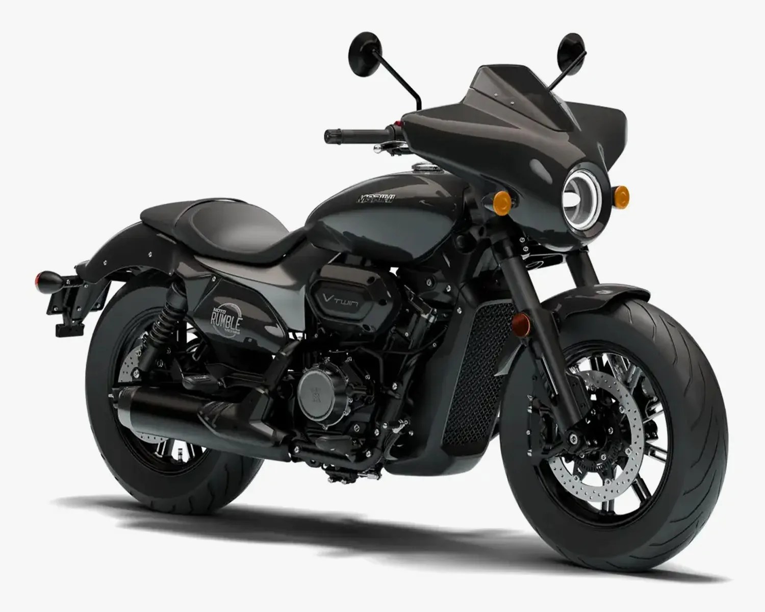 Matte black Moto Rumble V-twin motorcycle with round headlight and front fairing.