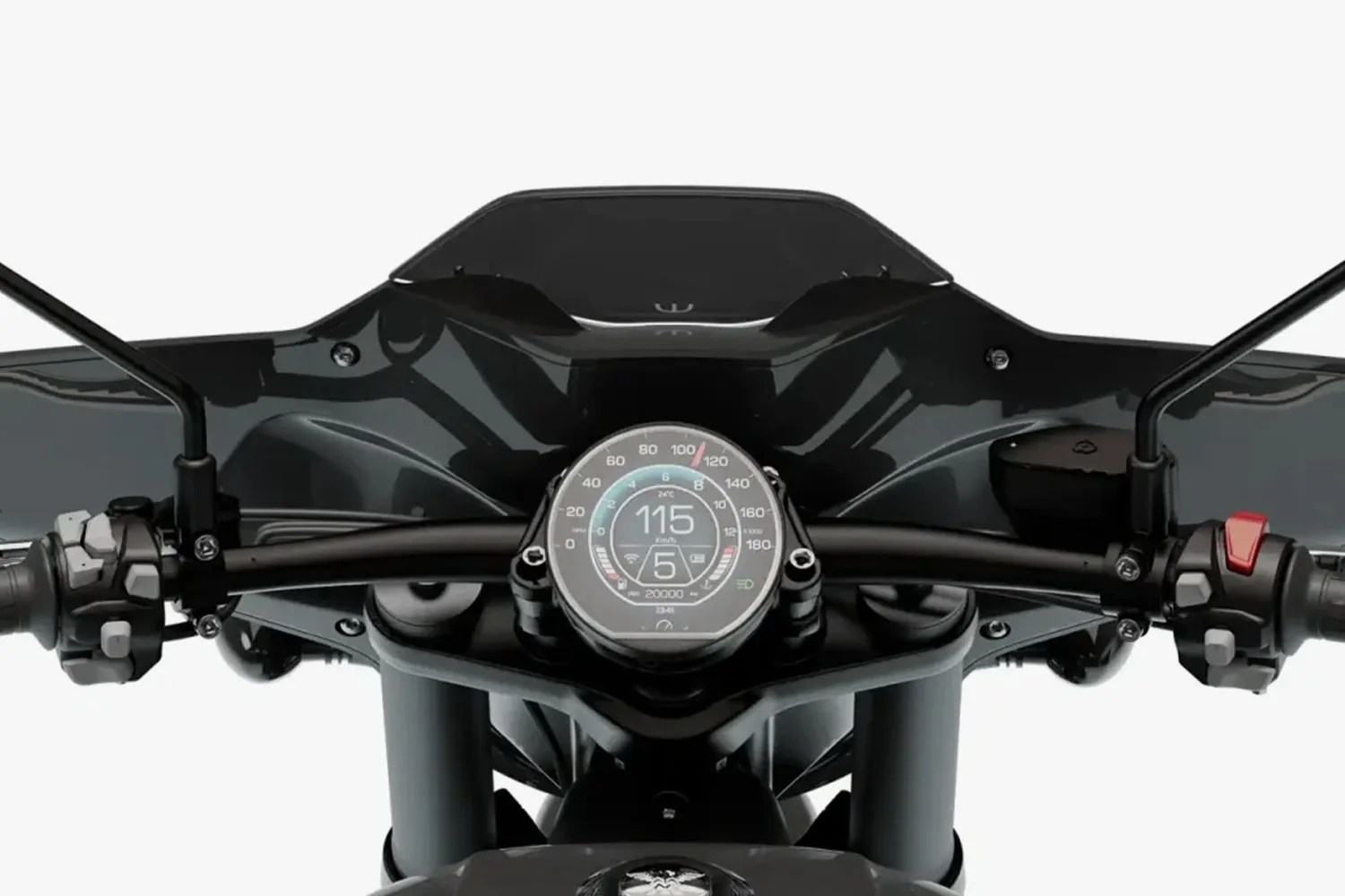 Close-up of a black motorcycle handlebar with a round digital speedometer displaying 115 km/h and gear 5.