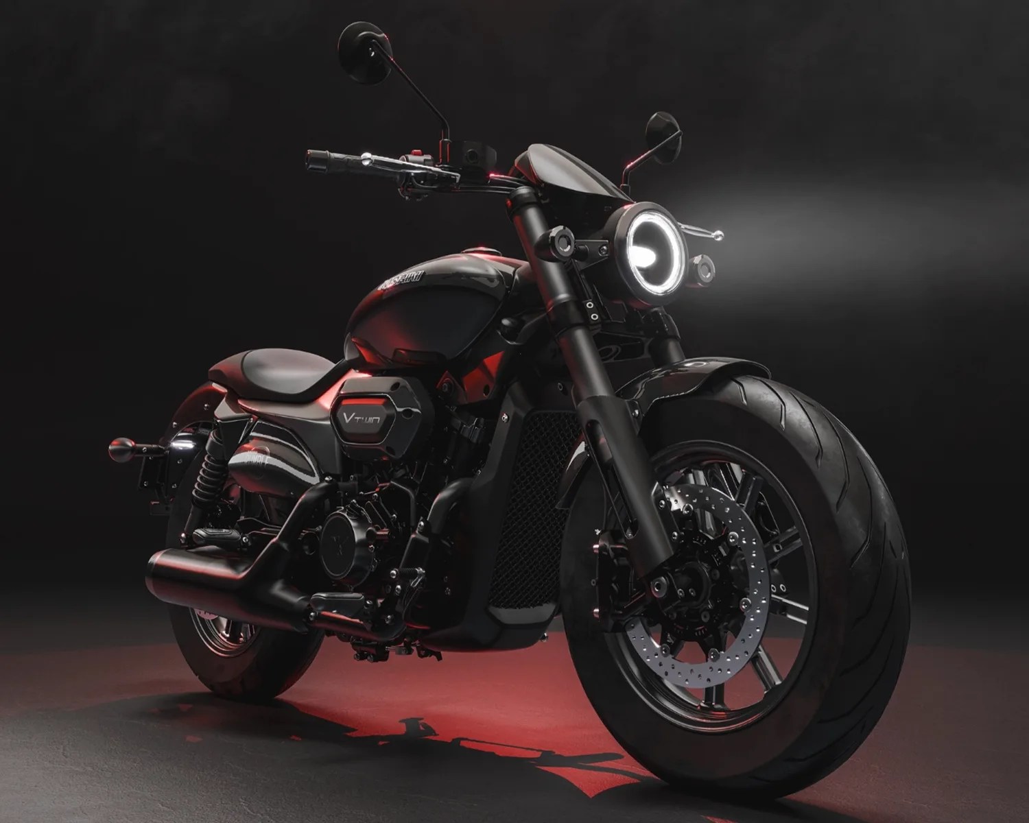 Black cruiser motorcycle with round LED headlight and V-twin engine, shown on dark background with red lighting.