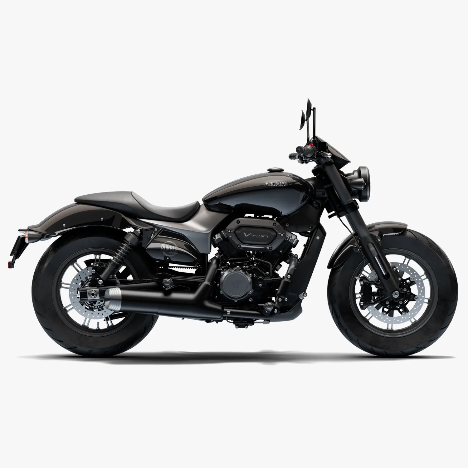 Matte black cruiser motorcycle with V-twin engine and dual rear shocks on a white background.