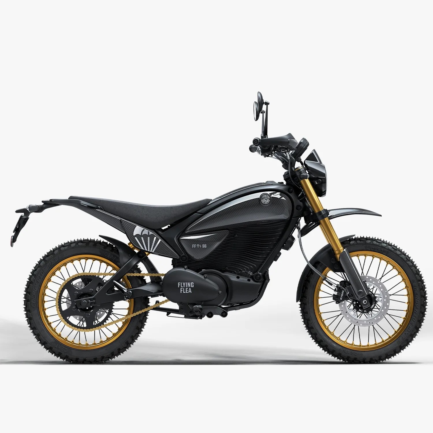 Black and gold off-road electric motorcycle with knobby tires and "Flying Flea" branding on the motor casing.
