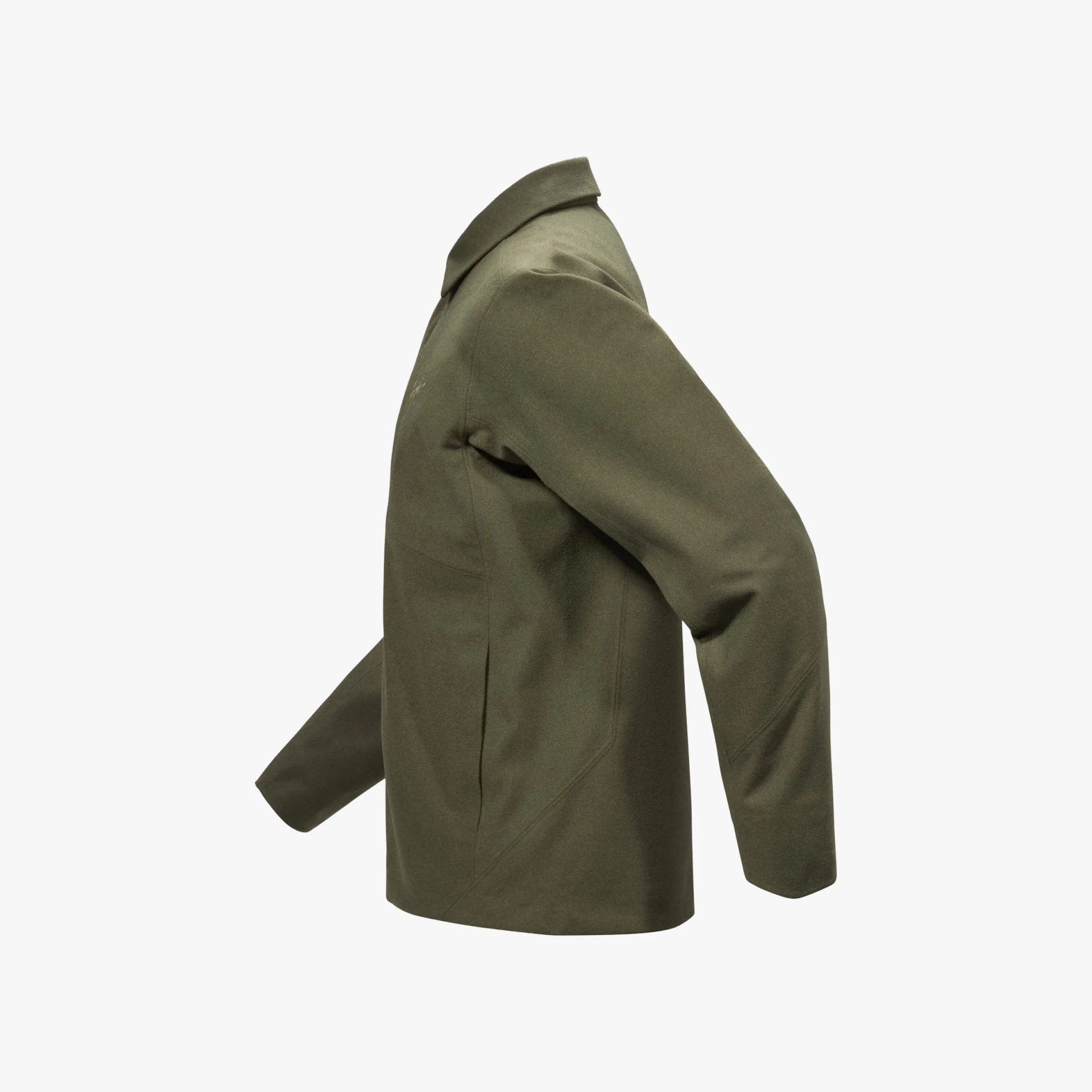 Olive green long-sleeve jacket with a collar shown from the side.