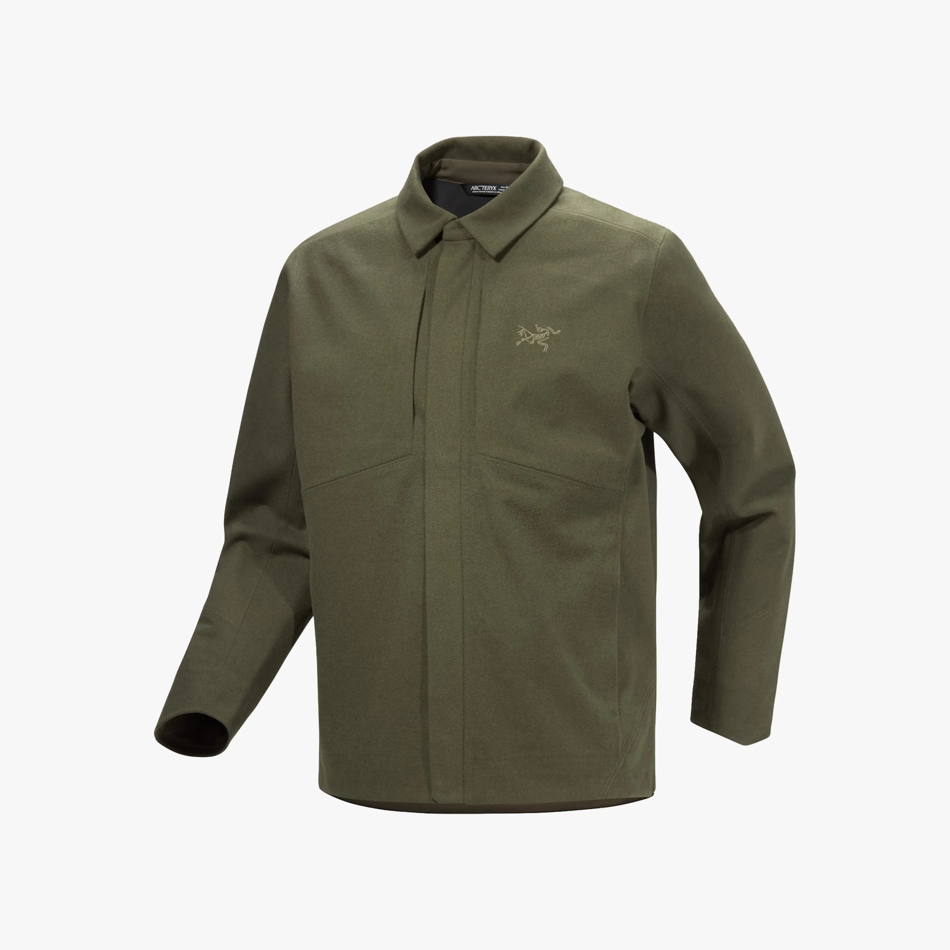 Olive green Arc'teryx jacket with collar and concealed front zipper.