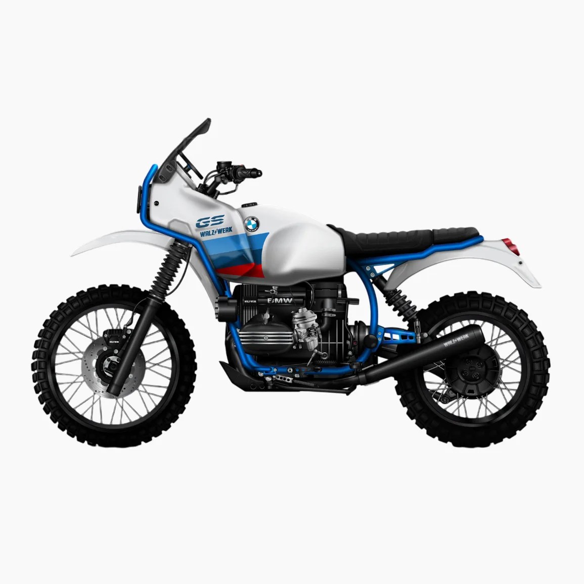White and blue BMW GS motorcycle with knobby tires and black seat, shown from the left side.