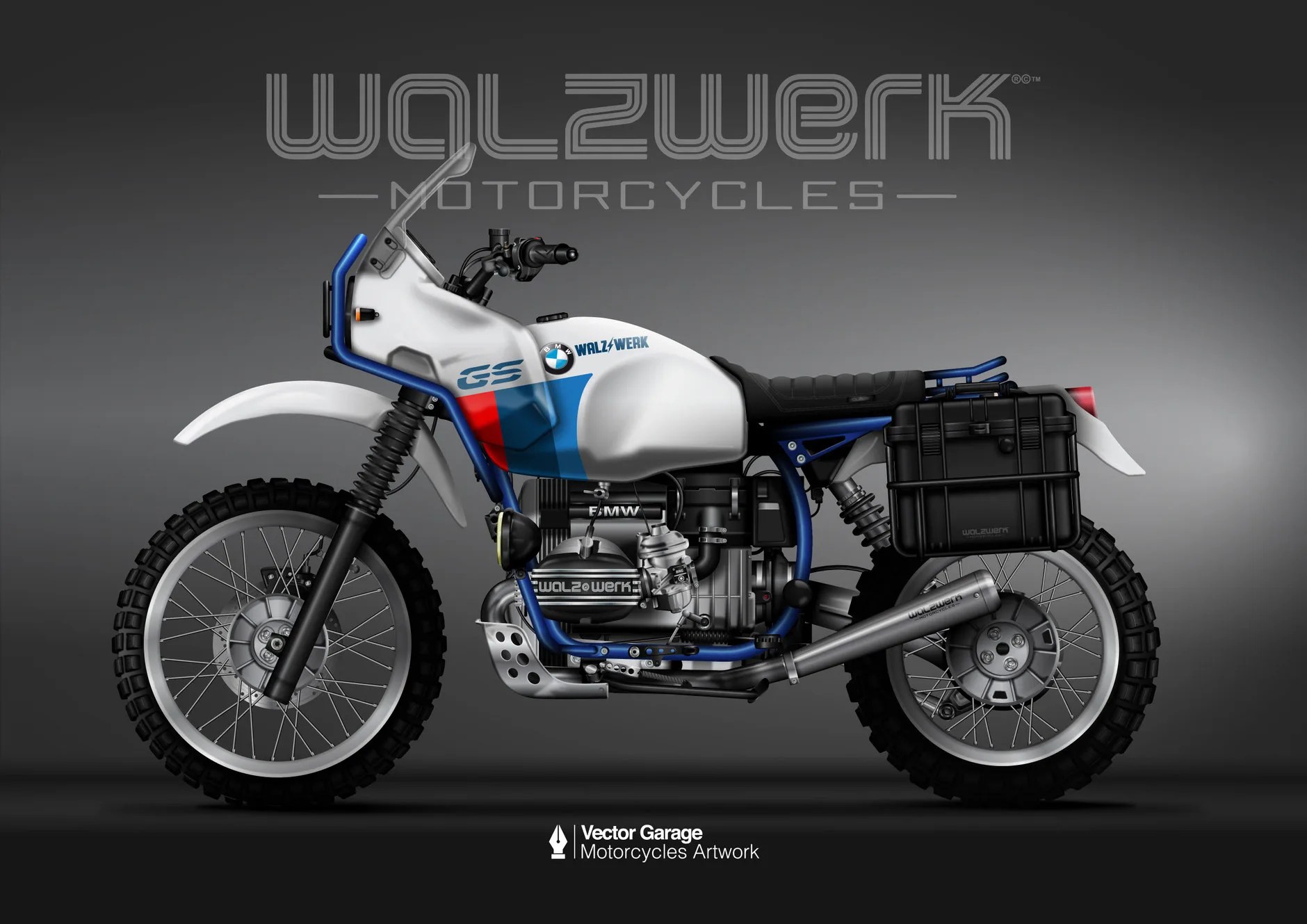 White and blue BMW GS motorcycle with knobby tires, black side case, and blue frame bars on a gray background.