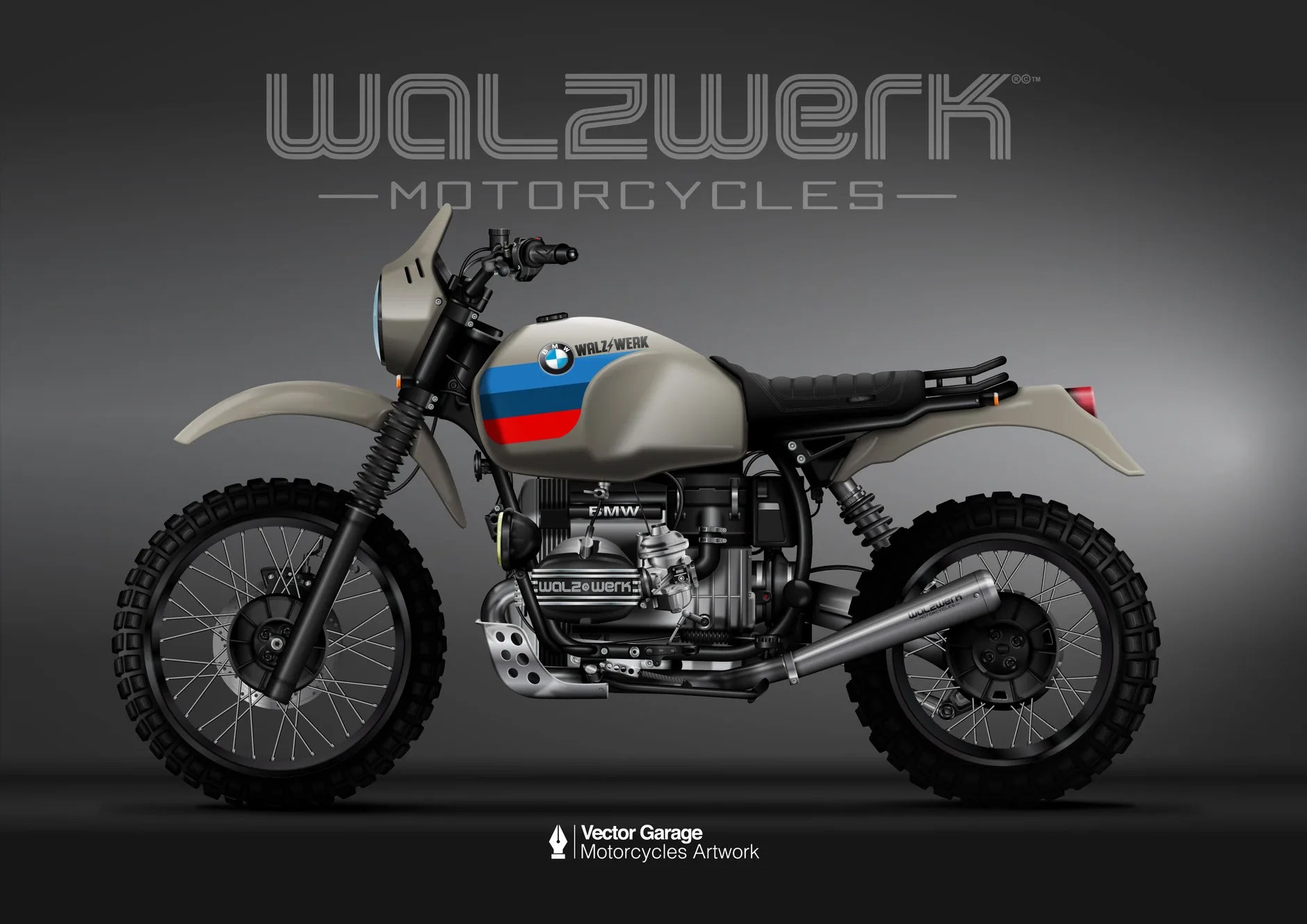 Matte beige Walzwerk motorcycle with BMW logo, blue and red stripes on fuel tank, knobby tires, and black seat.