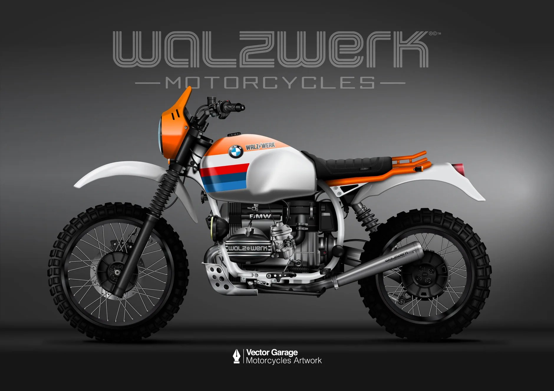 White and orange Walzwerk off-road motorcycle with knobby tires and blue and red stripes on the fuel tank.