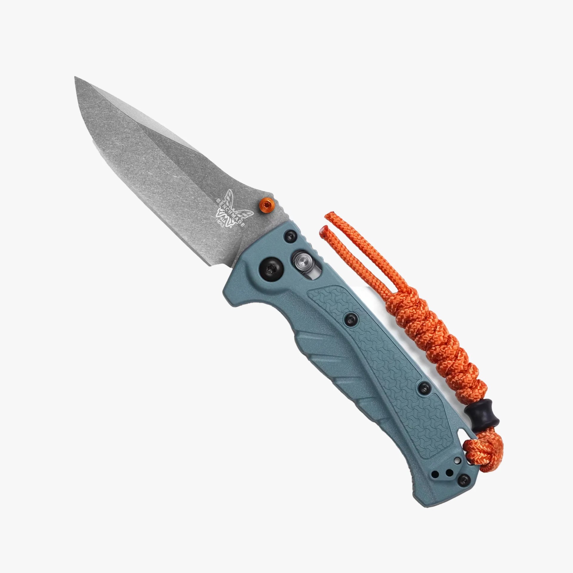 Folding knife with stonewashed blade, textured blue handle, and orange paracord lanyard.
