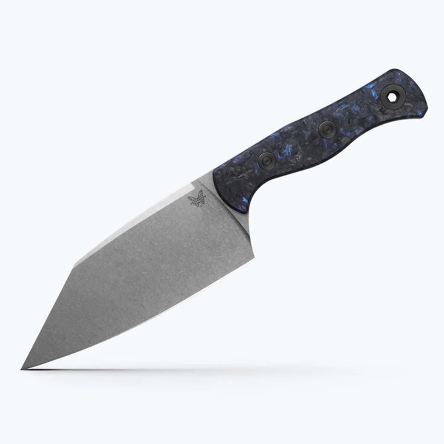 Knife with a wide, angular stonewashed blade and a blue-black marbled handle.
