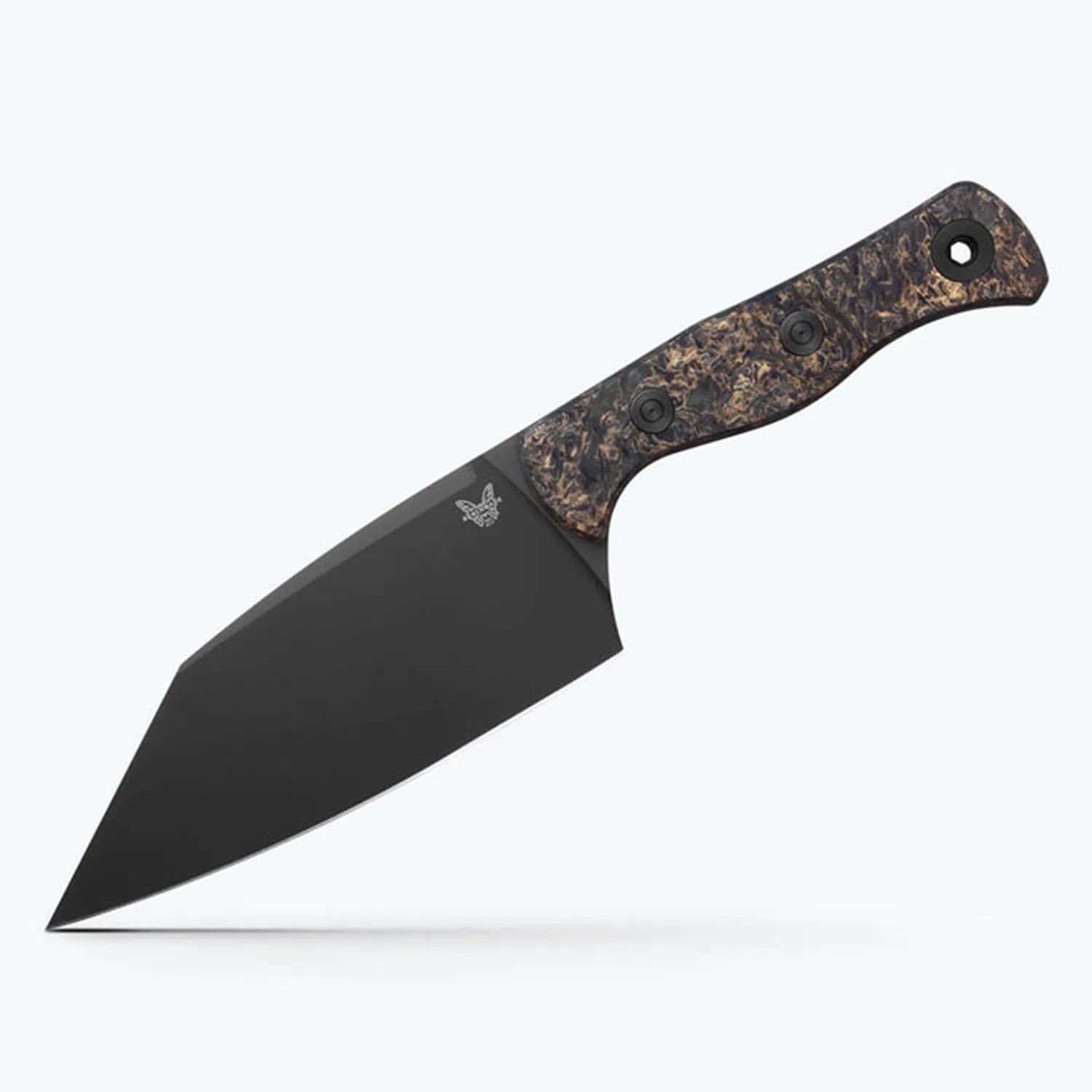 Black fixed-blade knife with a wide angular blade and a textured brown and black handle.