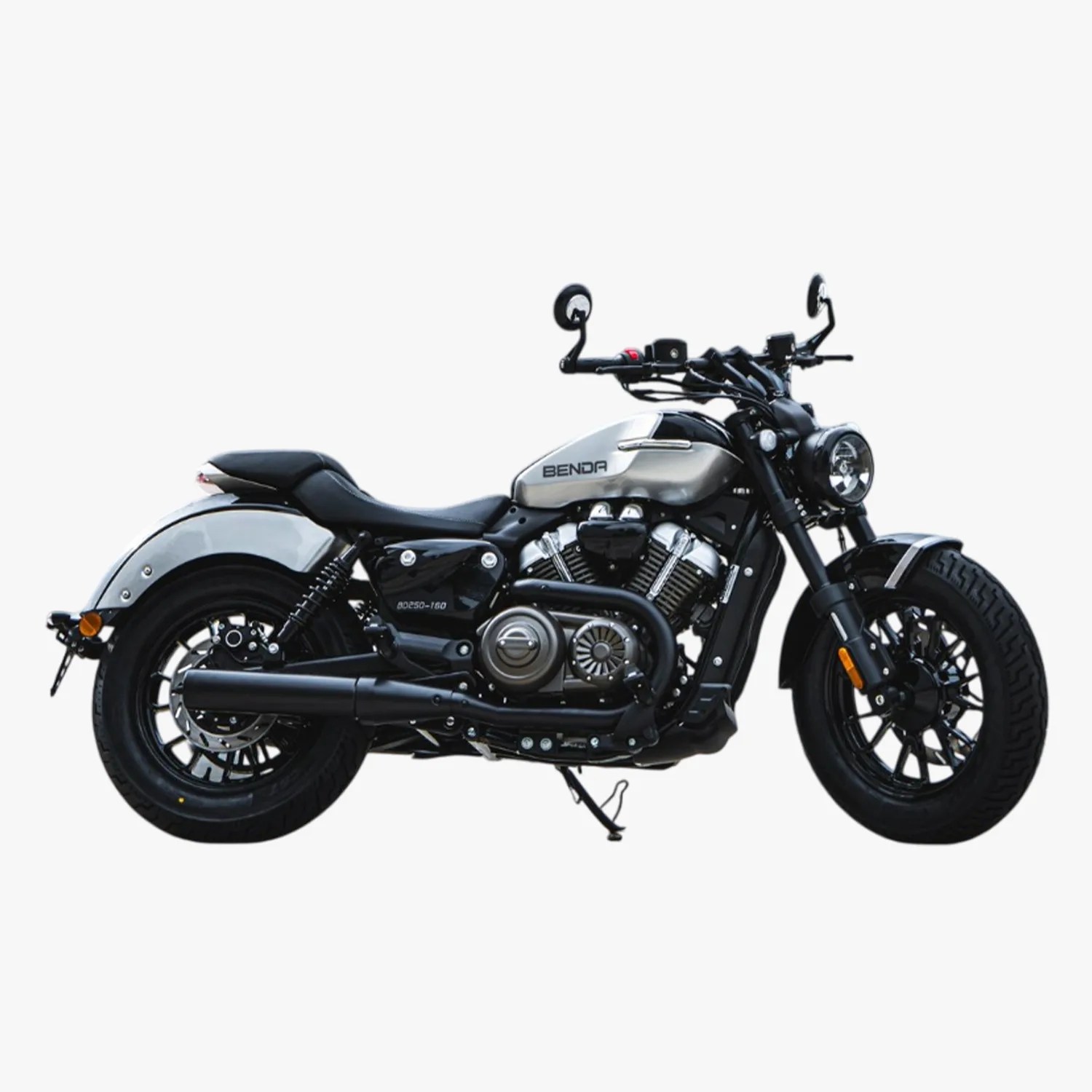 Silver and black Benda cruiser motorcycle with V-twin engine and black exhaust on white background.