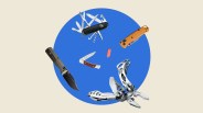 Collection of various pocket knives and multi-tools with different handle colors and designs arranged in a circle on a blue background.