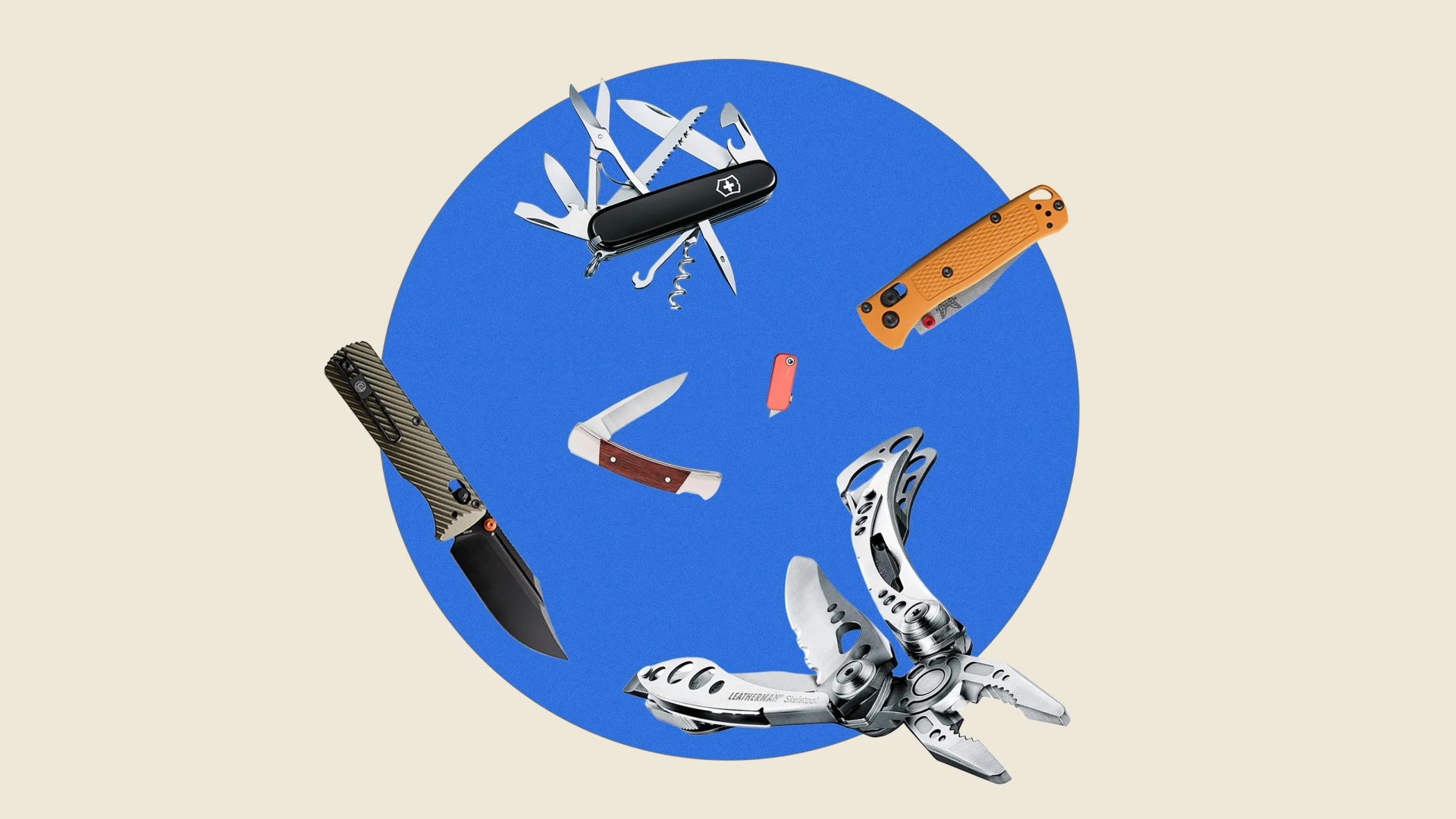 Collection of various pocket knives and multi-tools with different handle colors and designs arranged in a circle on a blue background.