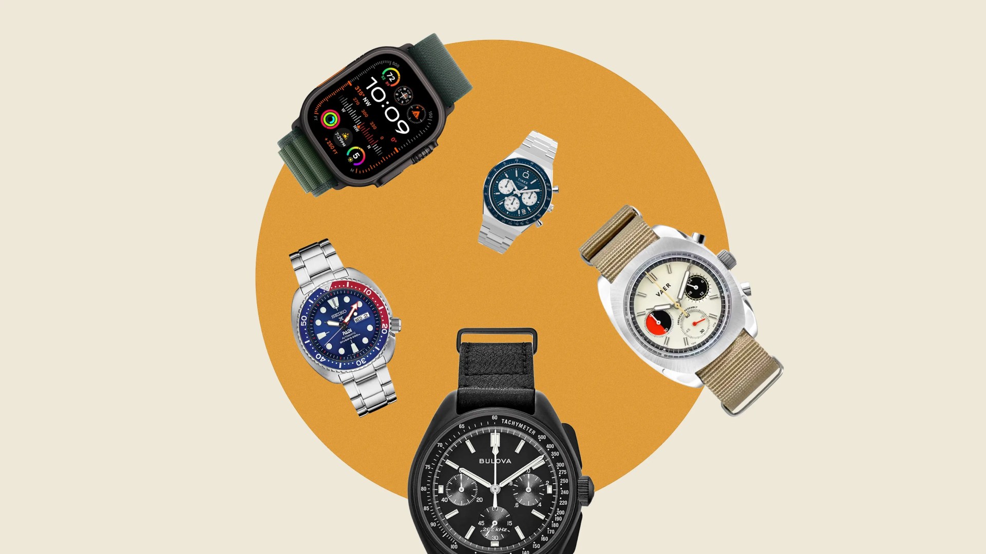 Five wristwatches including a black Bulova chronograph, a silver Seiko diver, a silver Timex chronograph, a beige strap Vaer chronograph, and a black smartwatch with a green strap.