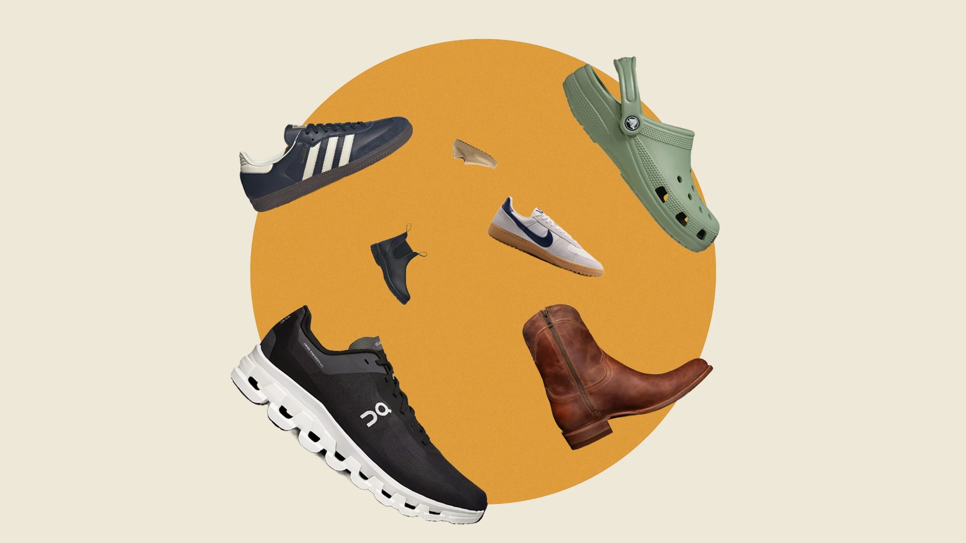 Collection of various shoes including black and white running shoes, brown leather boots, green clogs, and casual sneakers on an orange circle background.