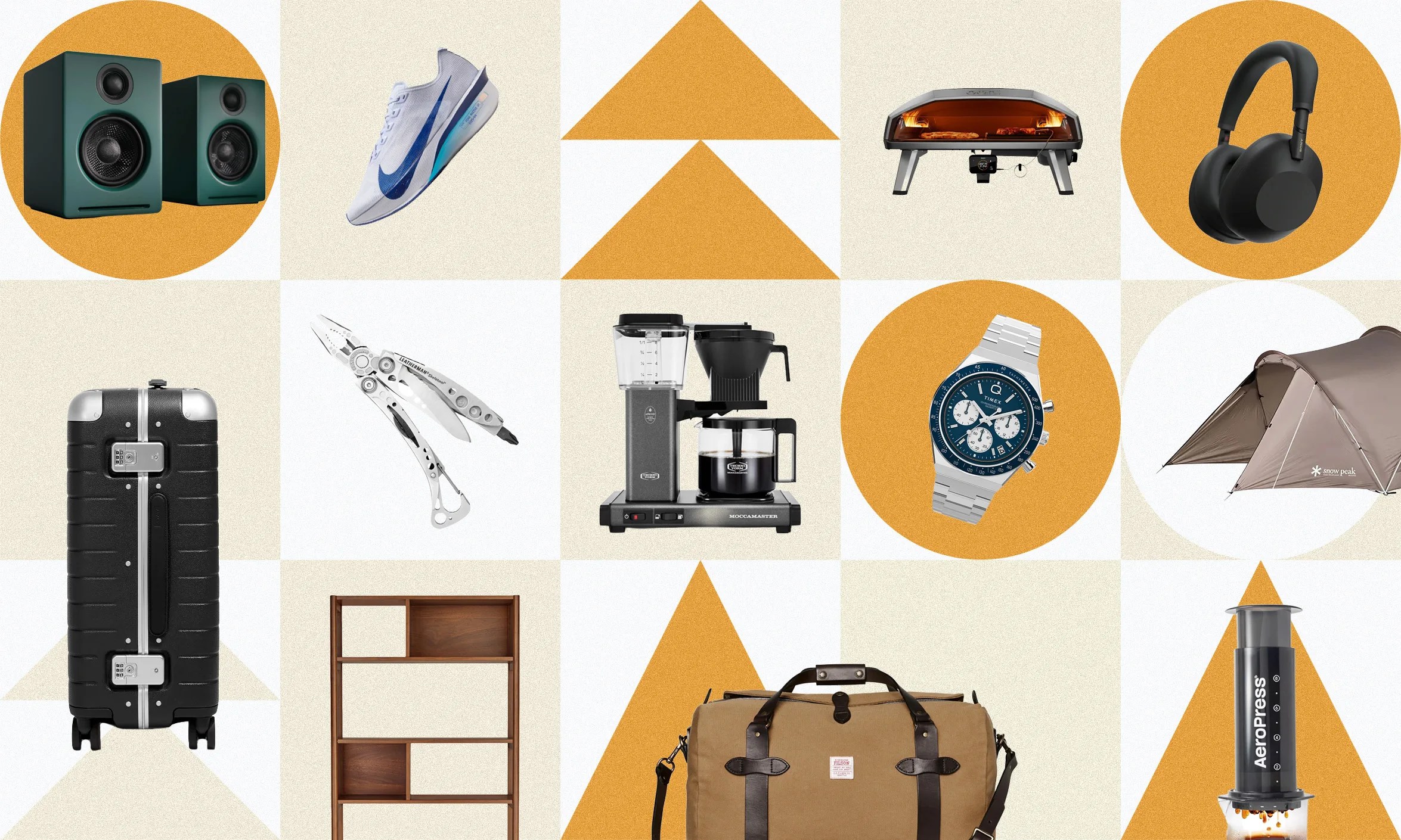 Pair of green bookshelf speakers with black drivers and orange background circles. White and blue Nike running shoe angled to the right. Black and orange outdoor pizza oven with two pizzas inside. Black over-ear wireless headphones with padded headband and orange background circle. Black hard-shell suitcase with silver locks and wheels. Silver multi-tool with pliers and knife blades open. Black and silver drip coffee maker with glass carafe. Silver stainless steel wristwatch with blue dial and orange background circle. Brown dome-shaped camping tent with "snow peak" logo. Wooden shelving unit with open compartments. Brown canvas duffel bag with dark leather straps. Black AeroPress coffee maker with coffee dripping into a cup.