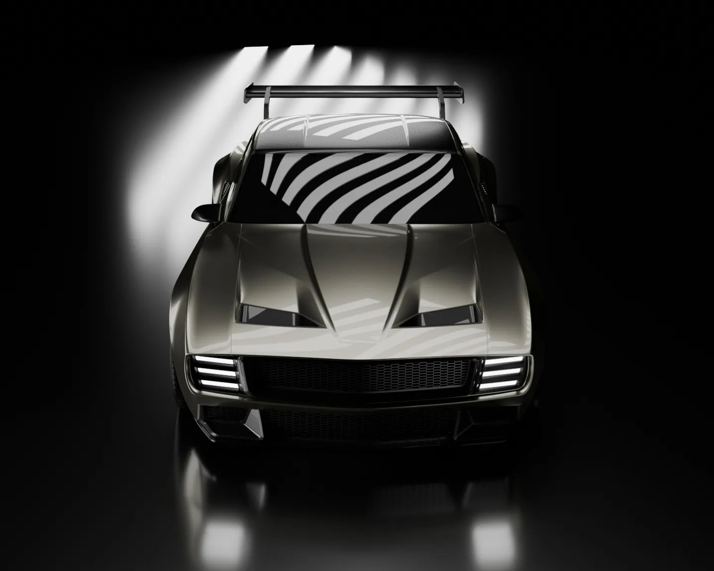 Glossy silver sports car with a large rear spoiler under spotlight with striped reflections on the windshield and hood.