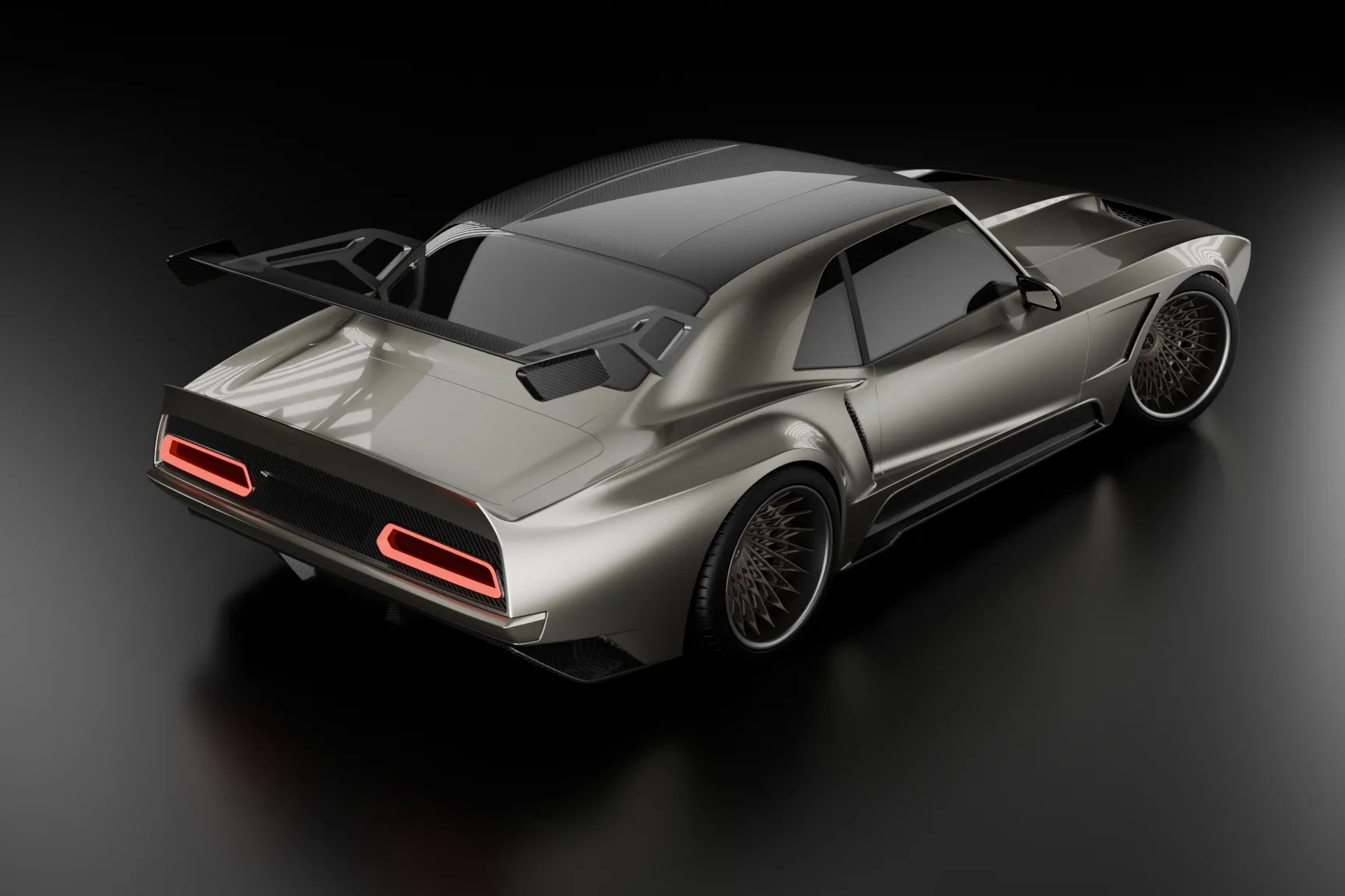Metallic gray sports car with a large carbon fiber rear wing and intricate spoke wheels on a black surface.