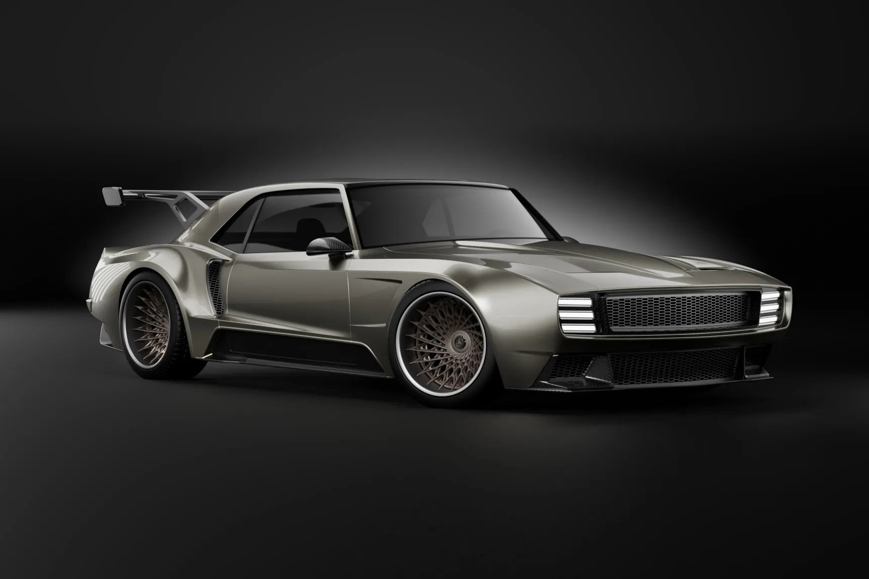 Sleek metallic gray sports car with wide body kit, large rear wing, and intricate bronze mesh wheels on black background.