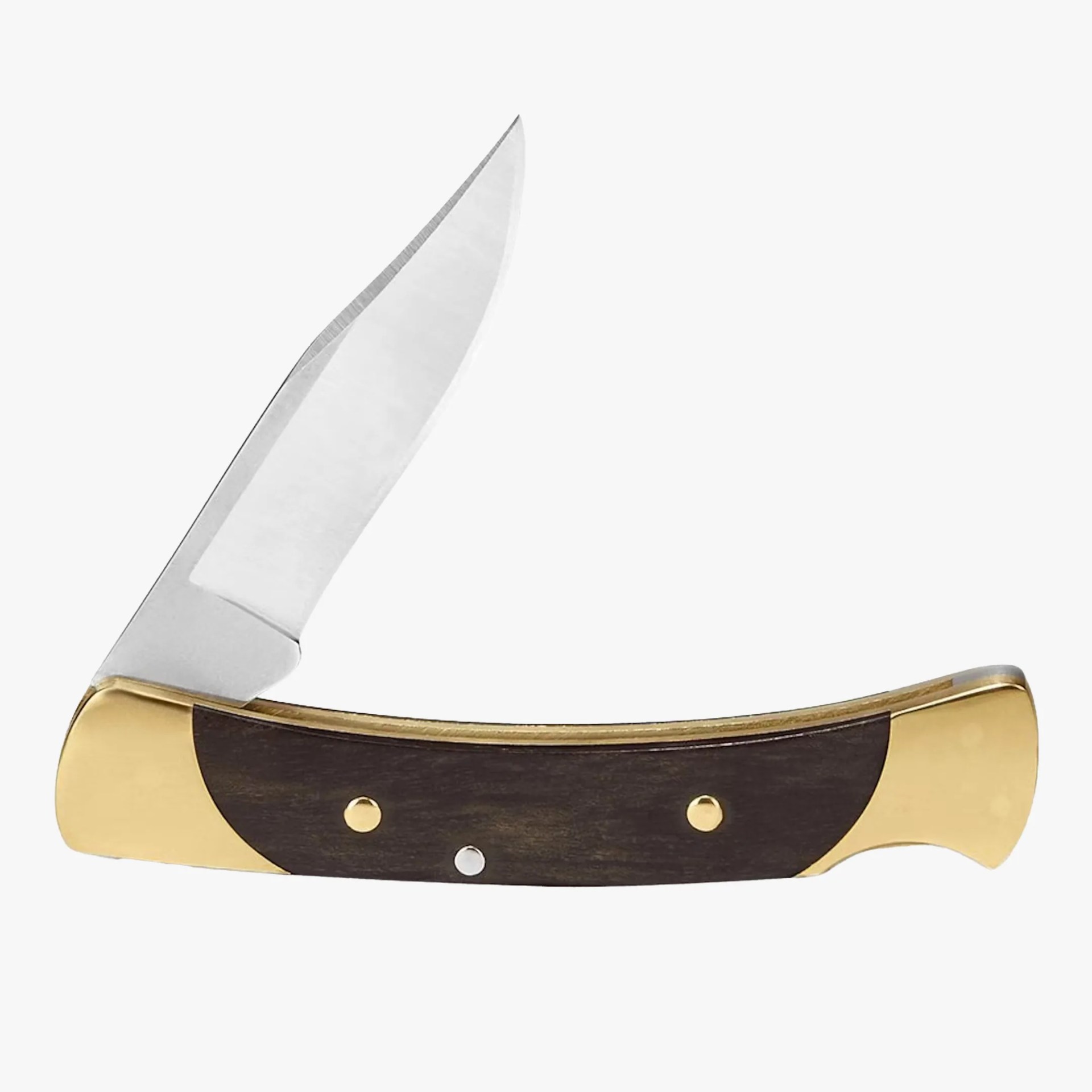 Folding pocket knife with a stainless steel blade, dark wooden handle, and brass bolsters.
