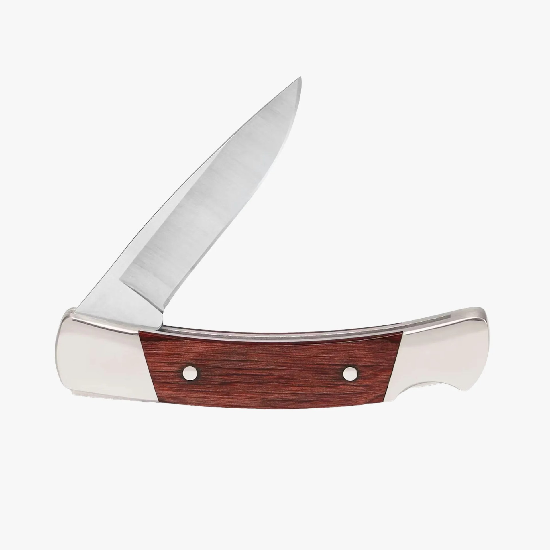 Folding pocket knife with a partially open stainless steel blade and a wooden handle with metal bolsters.