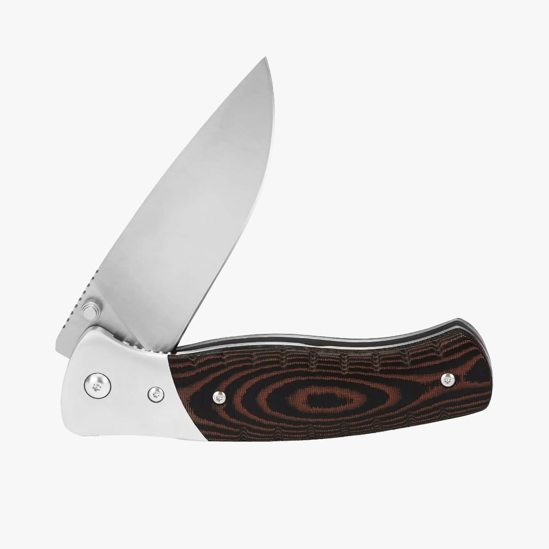 Folding pocket knife with partially open stainless steel blade and dark wood grain handle.