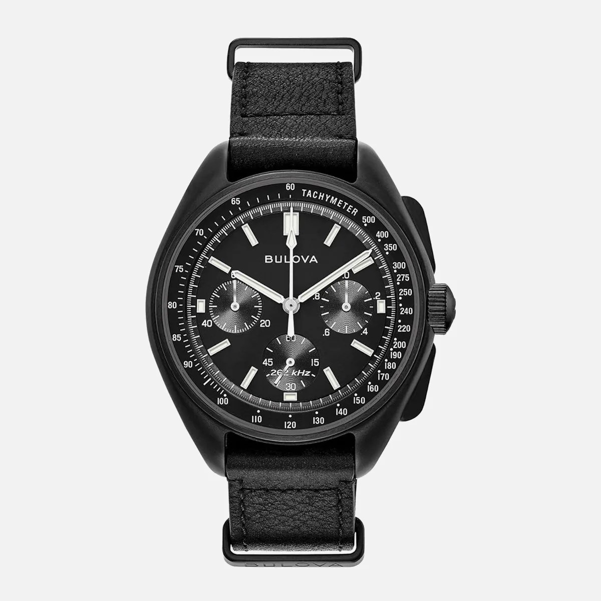 Black Bulova chronograph watch with tachymeter scale and black leather strap.