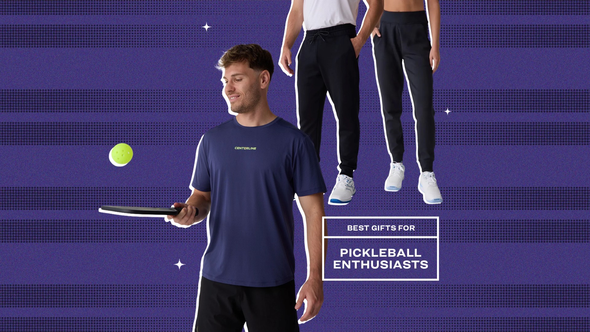 Man in navy Centerline t-shirt holding a pickleball paddle with a yellow ball, with two people wearing black joggers and white sneakers.