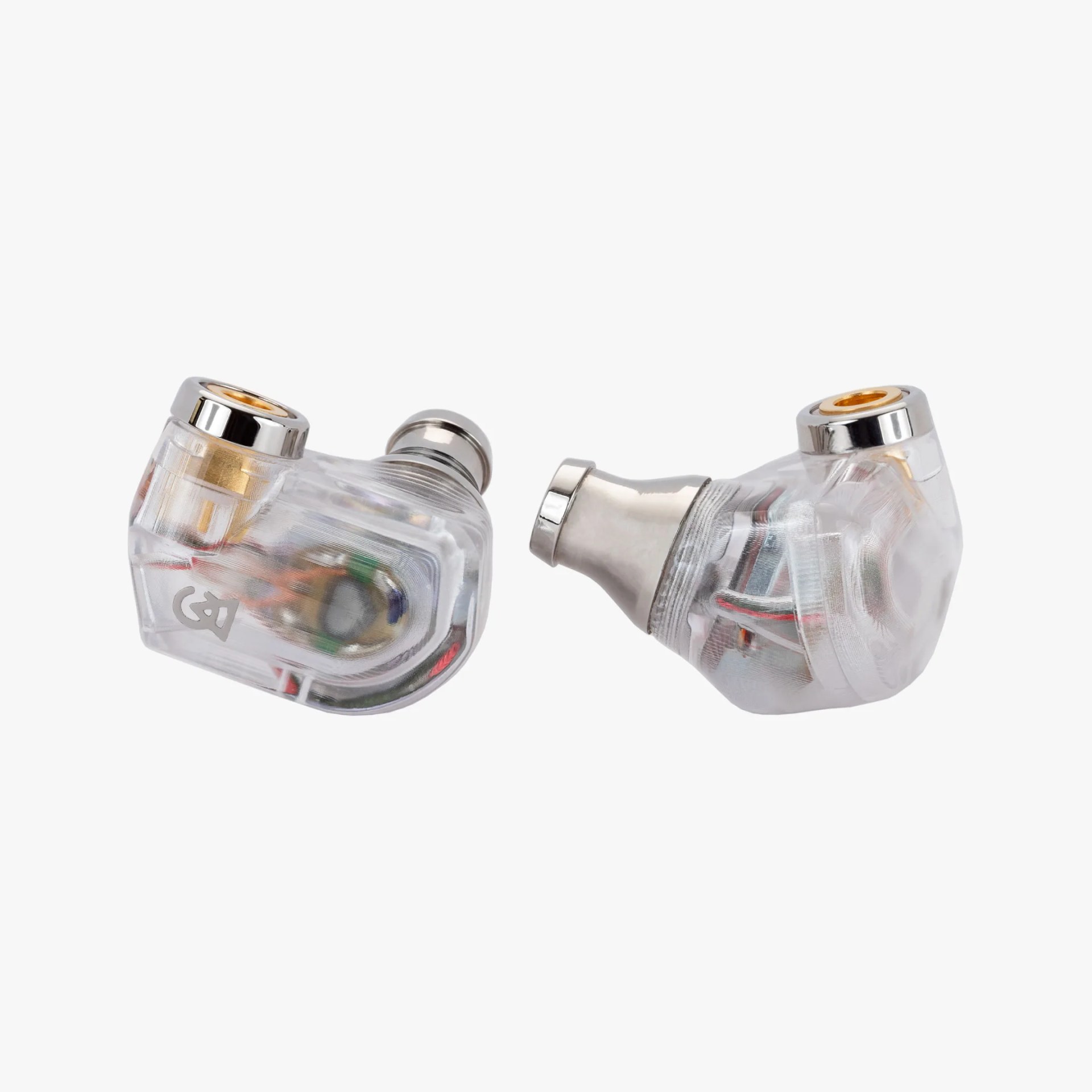 Pair of transparent in-ear monitor earphones with visible internal components and metal connectors.