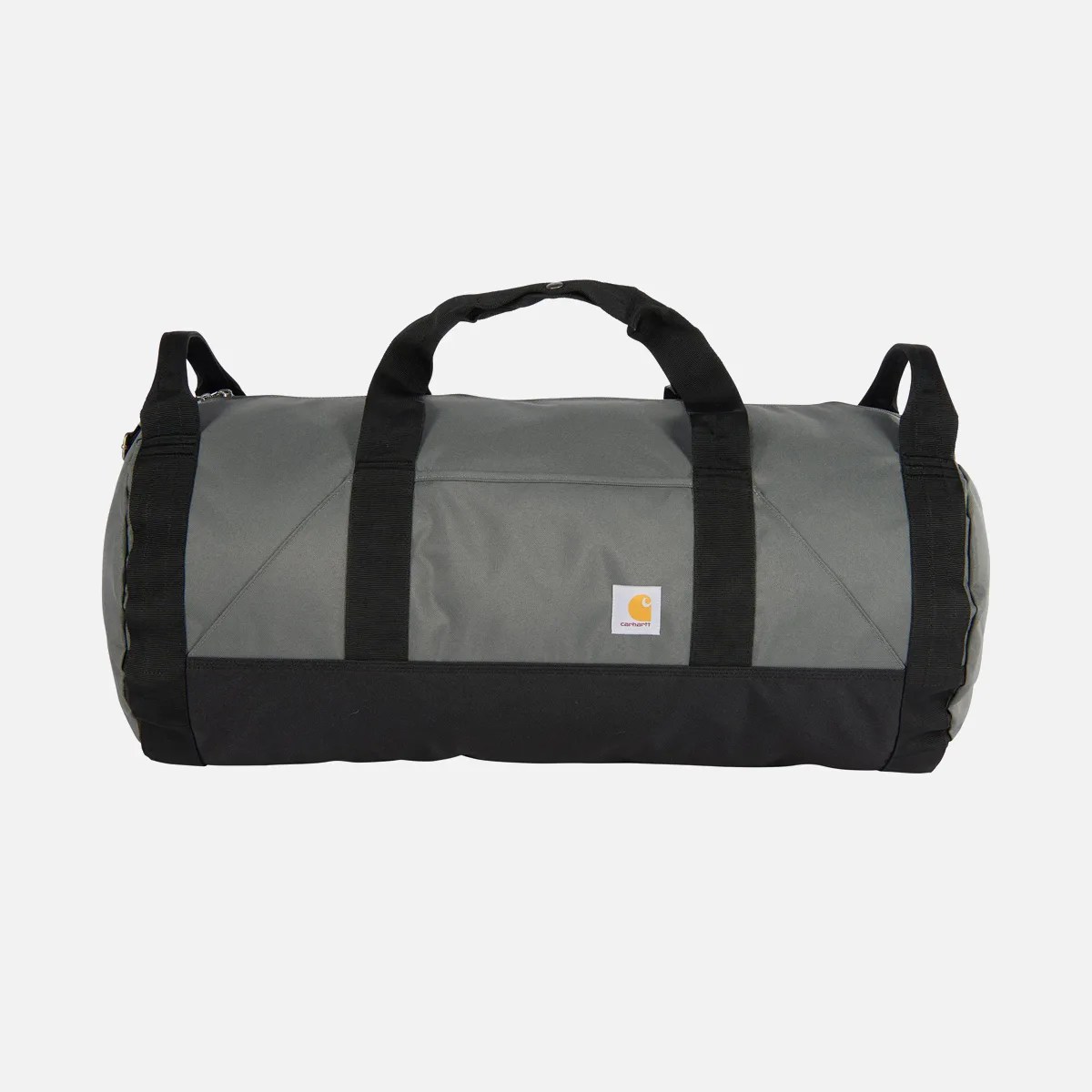 Gray and black Carhartt duffel bag with black handles and logo patch on front.