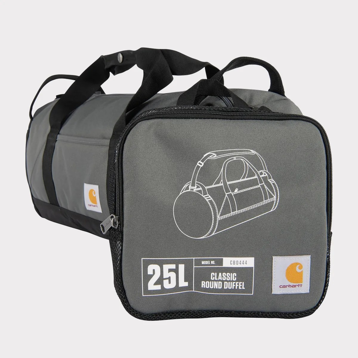 Gray Carhartt Classic Round Duffel bag with black straps and 25L capacity label on the front pocket.