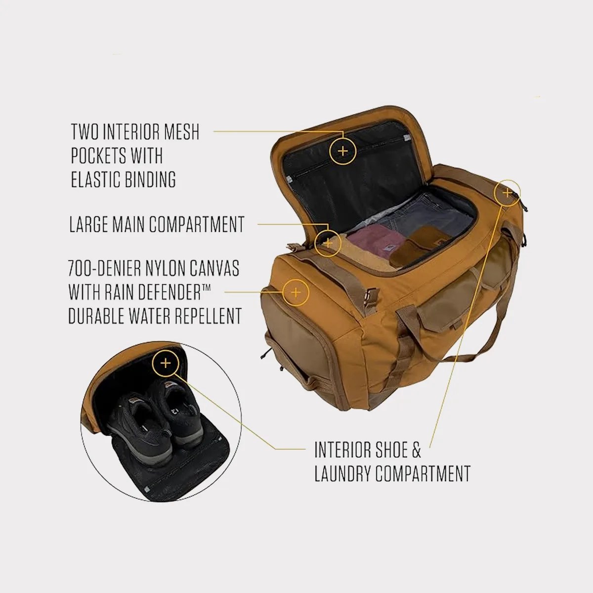 Brown nylon canvas duffel bag with open top showing interior mesh pockets and separate shoe compartment with black shoes inside.