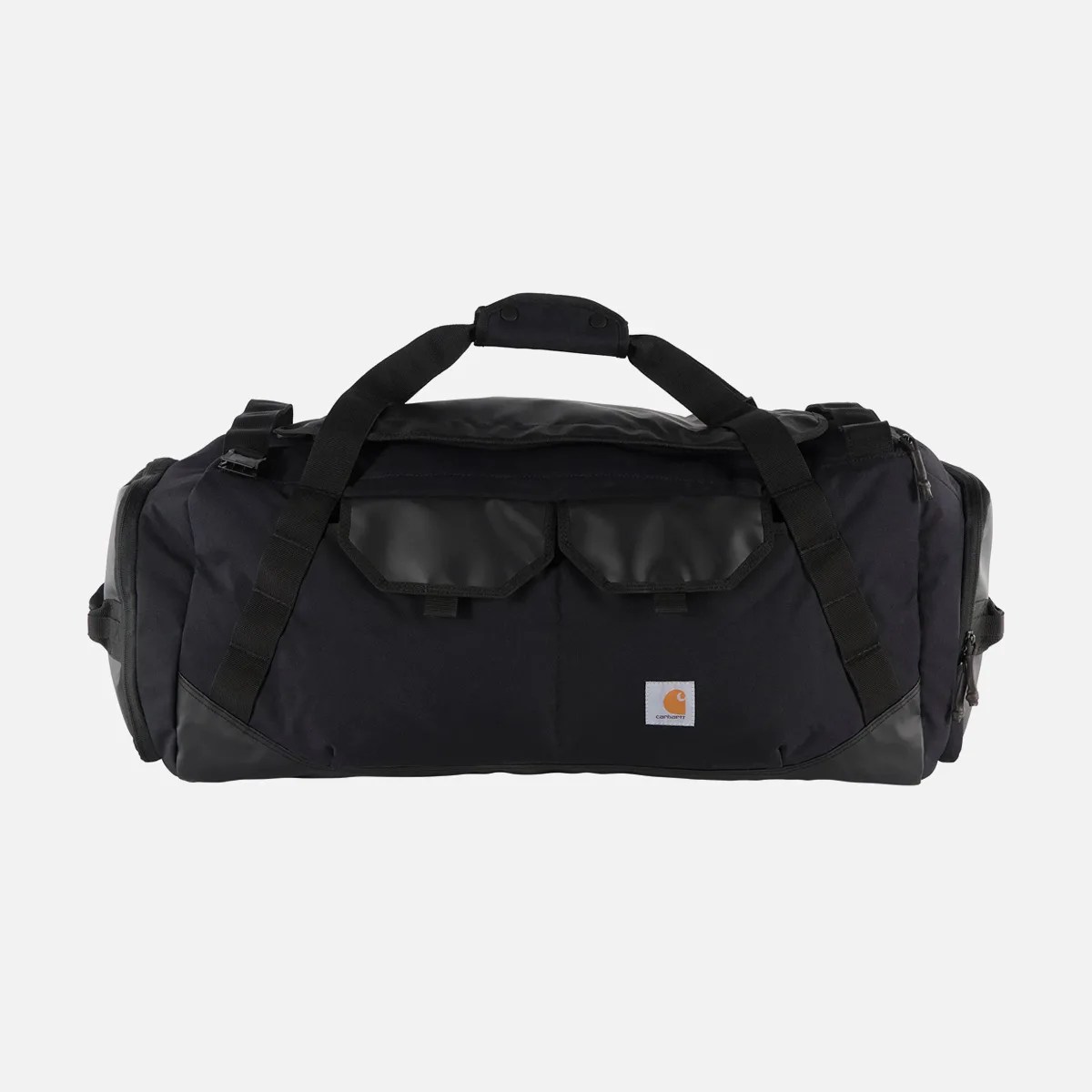 Black Carhartt duffel bag with dual front pockets and padded handle.
