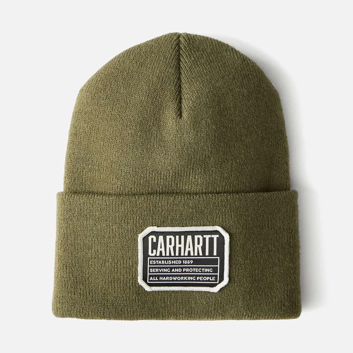 Olive green knit beanie with folded cuff and black-and-white Carhartt logo patch.
