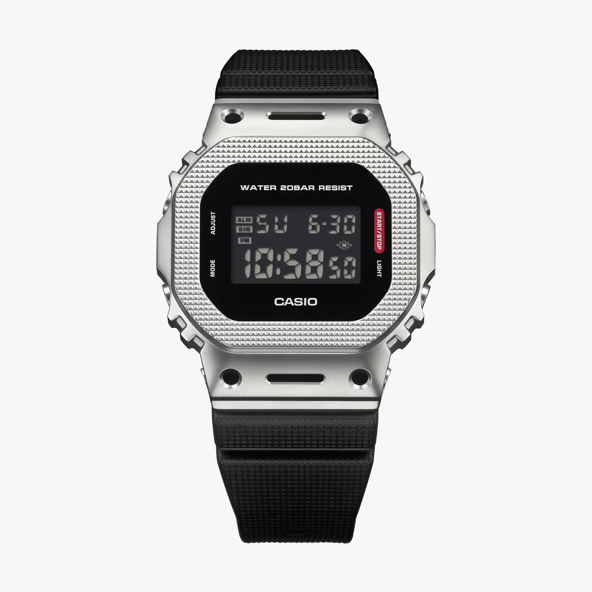 Digital Casio watch with textured silver metal bezel and black resin strap.