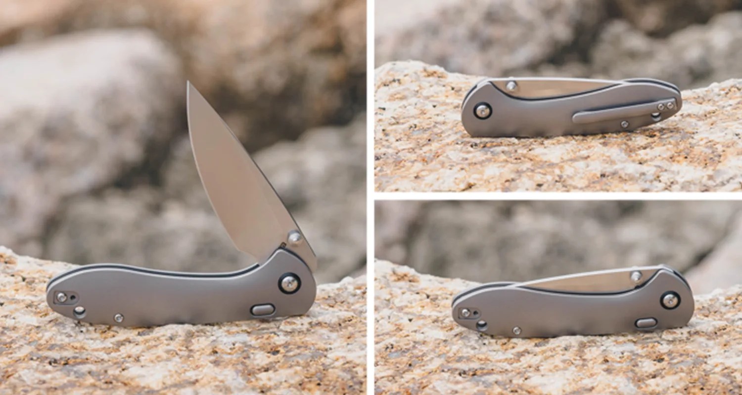 Three views of a sleek gray folding pocket knife on a textured rock surface, showing closed, partially open, and fully open blade positions.