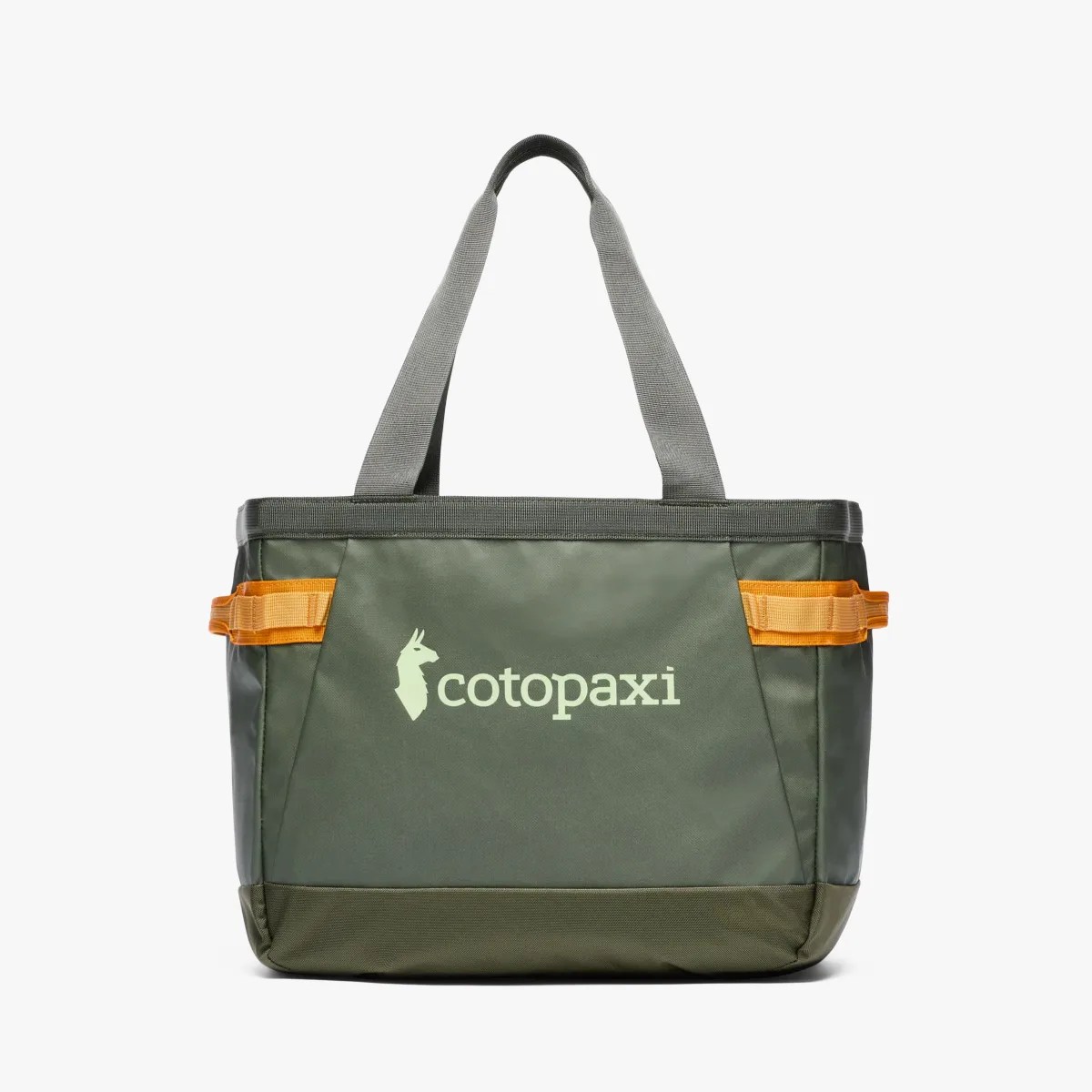 Olive green Cotopaxi tote bag with gray handles and orange side straps.
