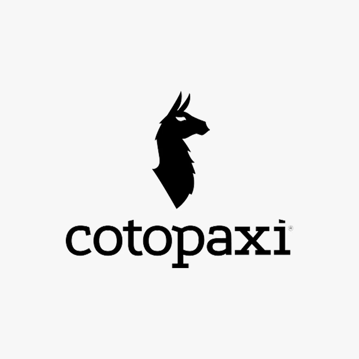 Black silhouette of a llama head above the word "cotopaxi" in lowercase black letters on a white background.