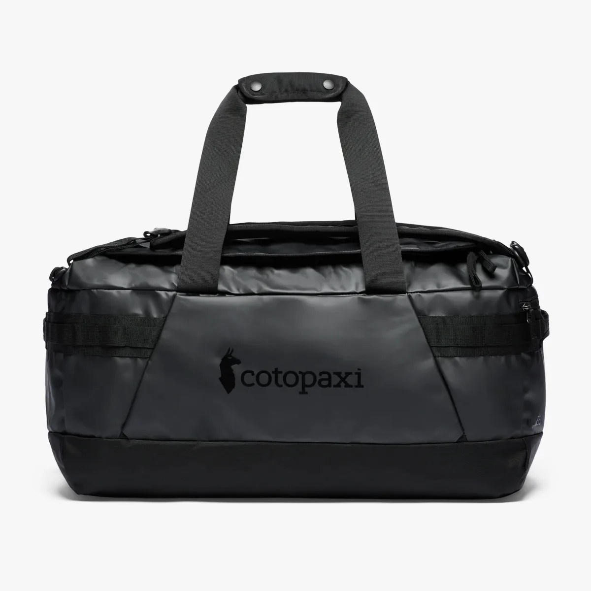 Black Cotopaxi duffel bag with dual handles and logo on front panel.