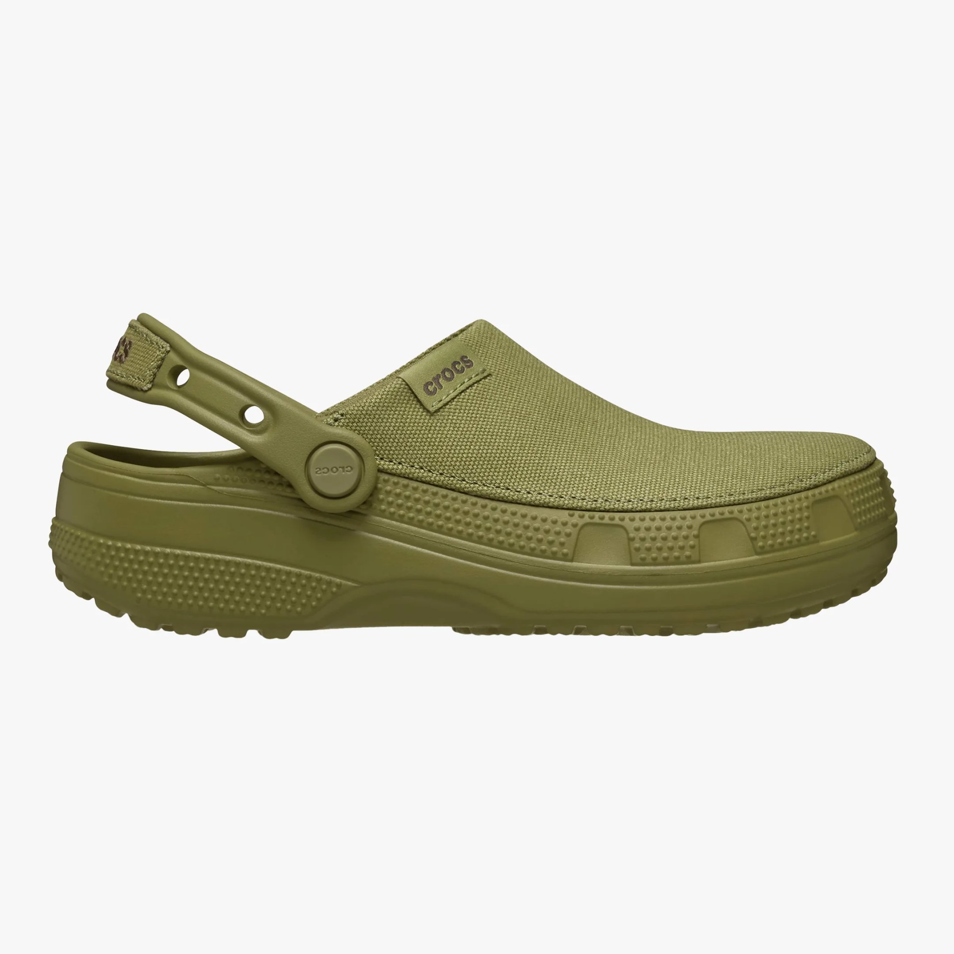 Olive green Crocs clog with textured upper and adjustable heel strap.