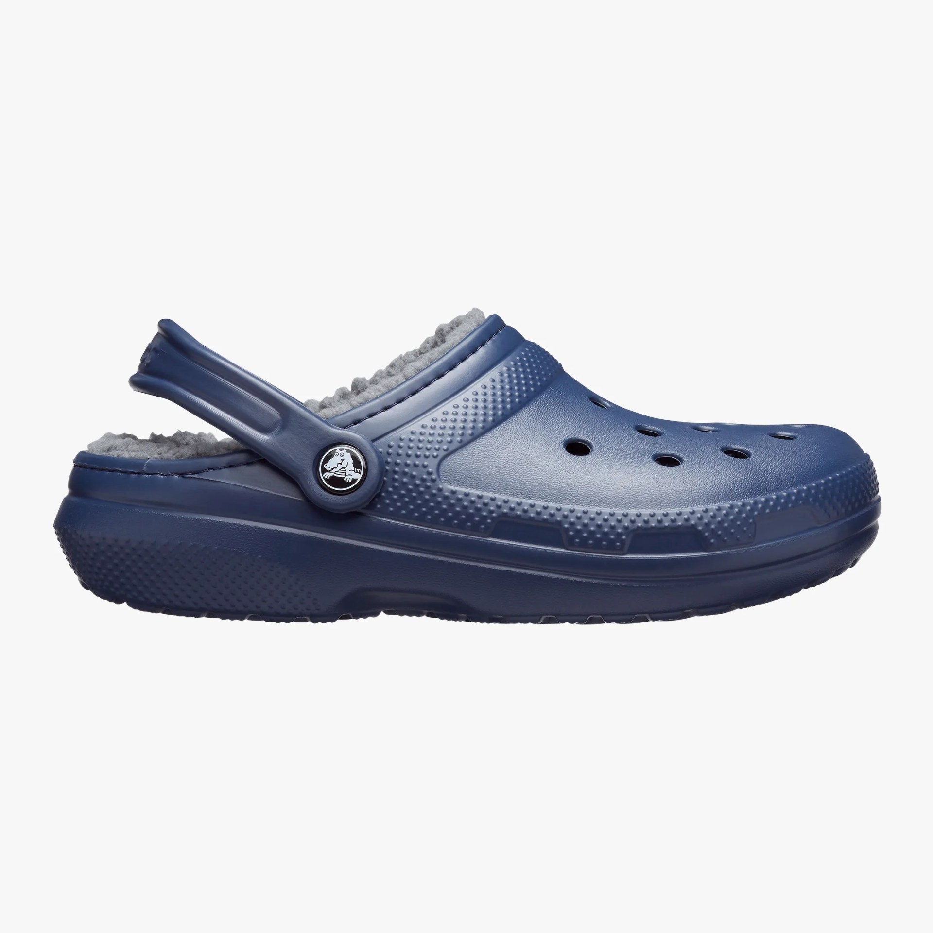 Navy blue Crocs clog with gray fleece lining and adjustable heel strap.