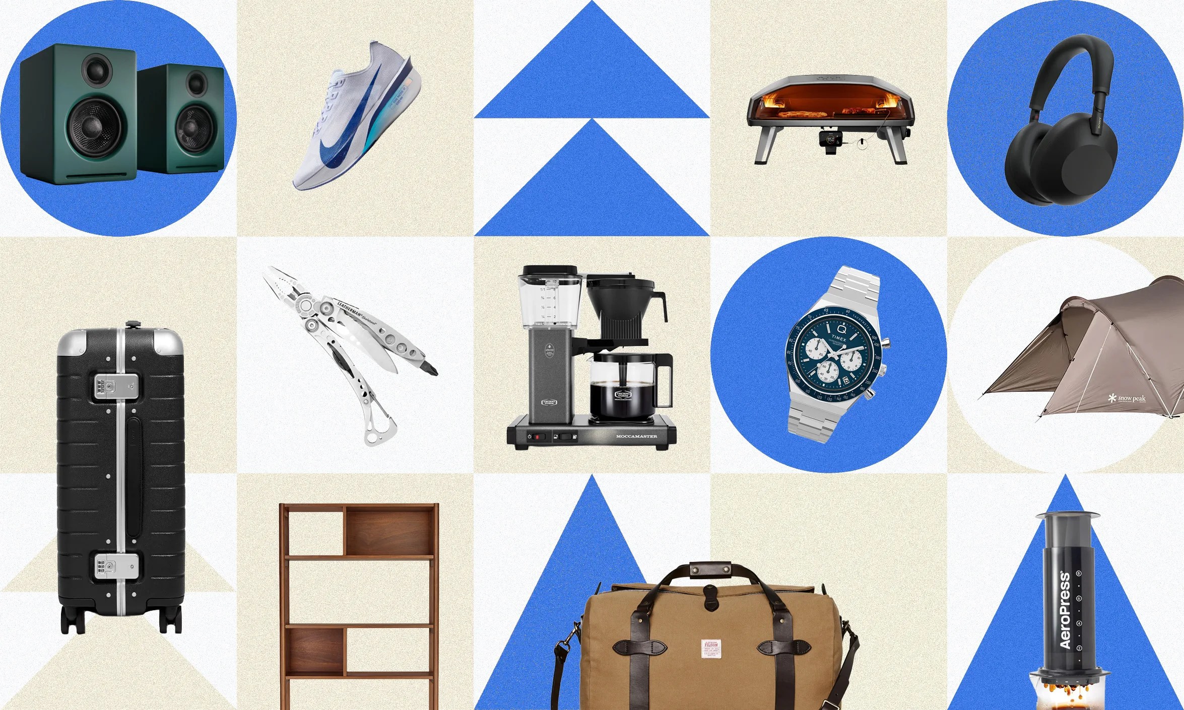 Pair of green studio monitor speakers on blue circle, white and blue Nike running shoe, black pizza oven with pizza inside, black wireless over-ear headphones on blue circle, black hard-shell suitcase with silver accents, silver multi-tool with pliers, black and silver drip coffee maker, silver and blue Timex wristwatch on blue circle, brown camping tent, wooden shelving unit, brown canvas and leather duffel bag, black AeroPress coffee maker with coffee dripping.