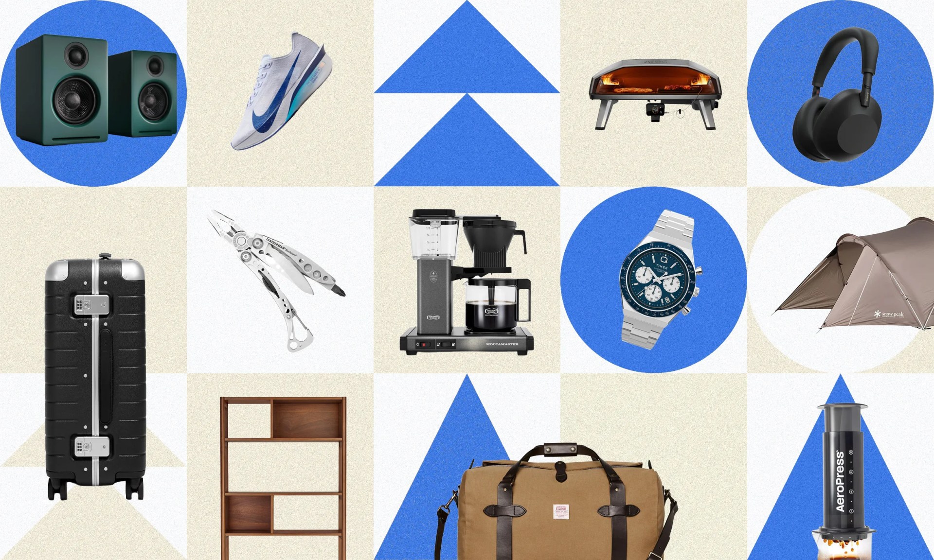 Pair of green studio monitor speakers on blue circle, white and blue Nike running shoe, black pizza oven with pizza inside, black wireless over-ear headphones on blue circle, black hard-shell suitcase with silver accents, silver multi-tool with pliers, black and silver drip coffee maker, silver and blue Timex wristwatch on blue circle, brown camping tent, wooden shelving unit, brown canvas and leather duffel bag, black AeroPress coffee maker with coffee dripping.