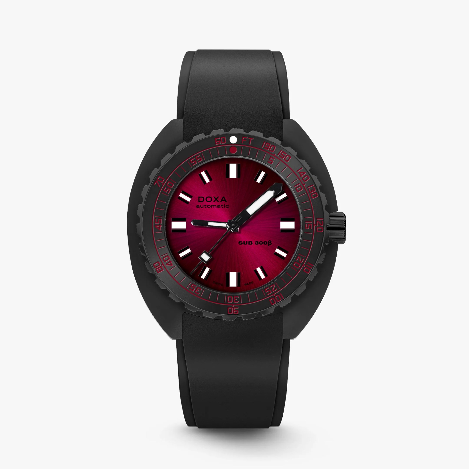 Black dive watch with a red sunburst dial, white hour markers, and black rubber strap.