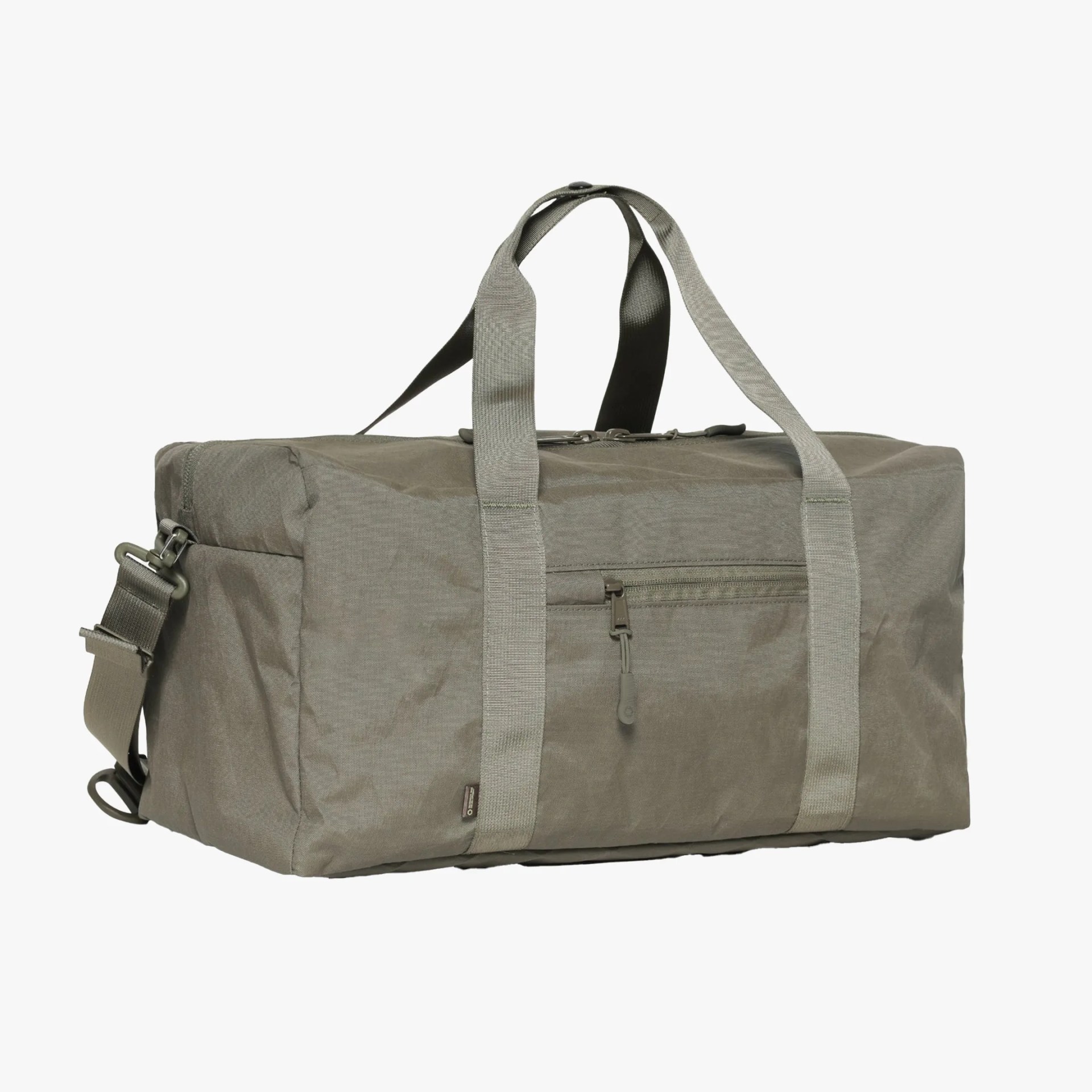 Olive-green rectangular duffel bag with dual handles, front zipper pocket, and adjustable shoulder strap.