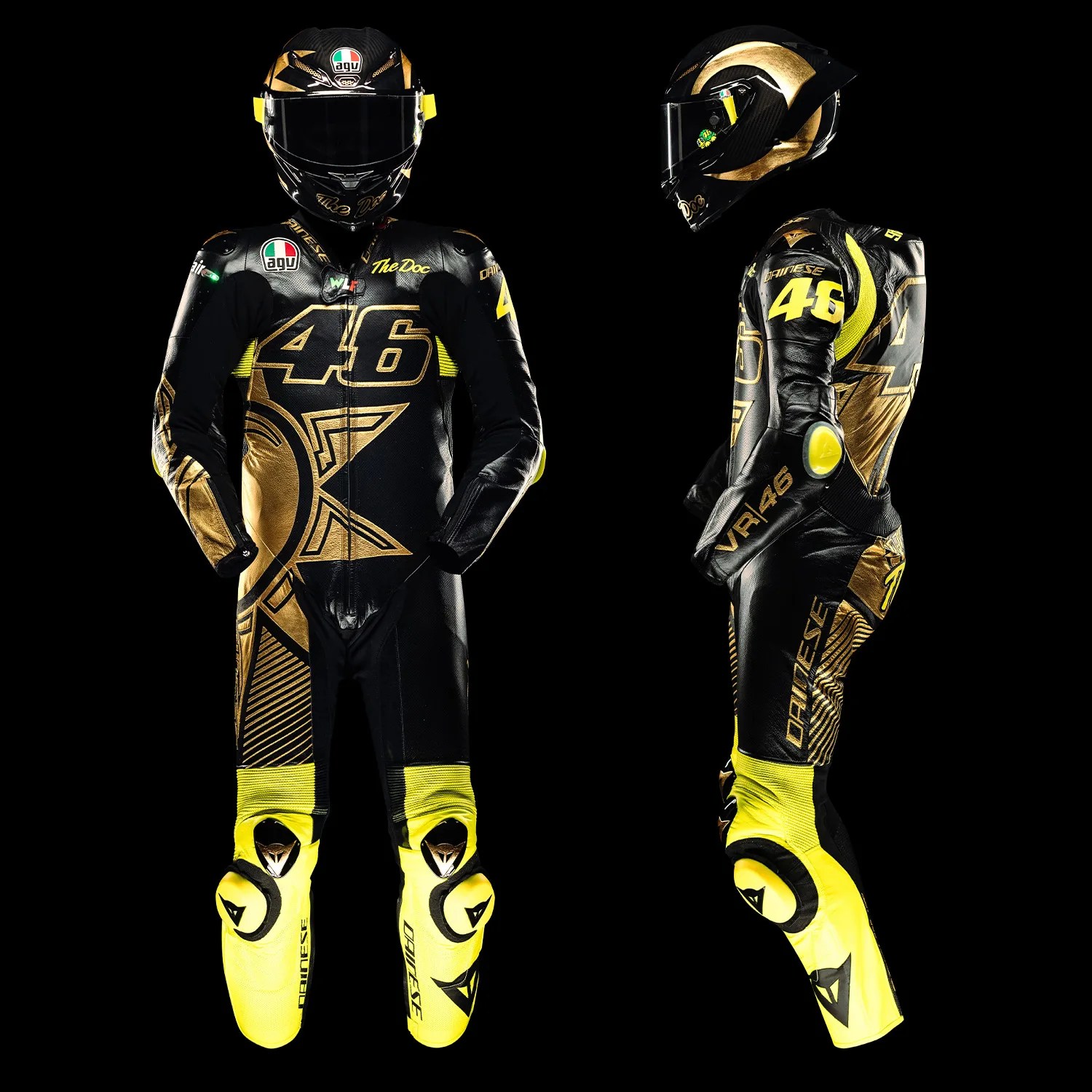 Black and yellow leather motorcycle racing suit and helmet with number 46 and gold sun graphic.