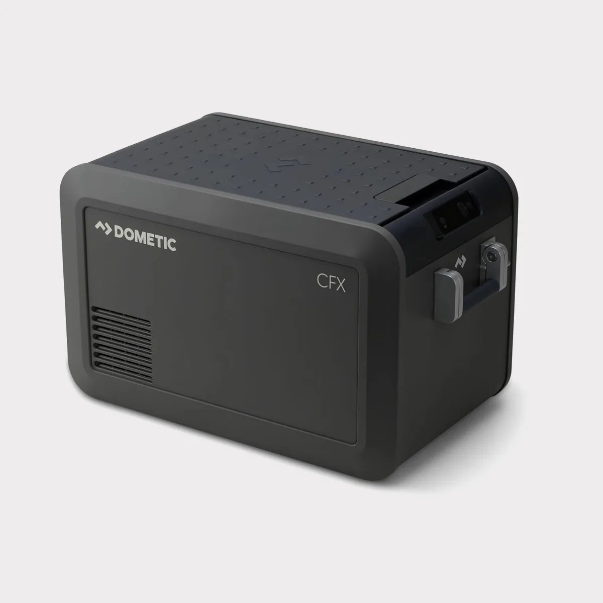 Dark gray rectangular Dometic CFX portable cooler with a vent and side handle on a white background.