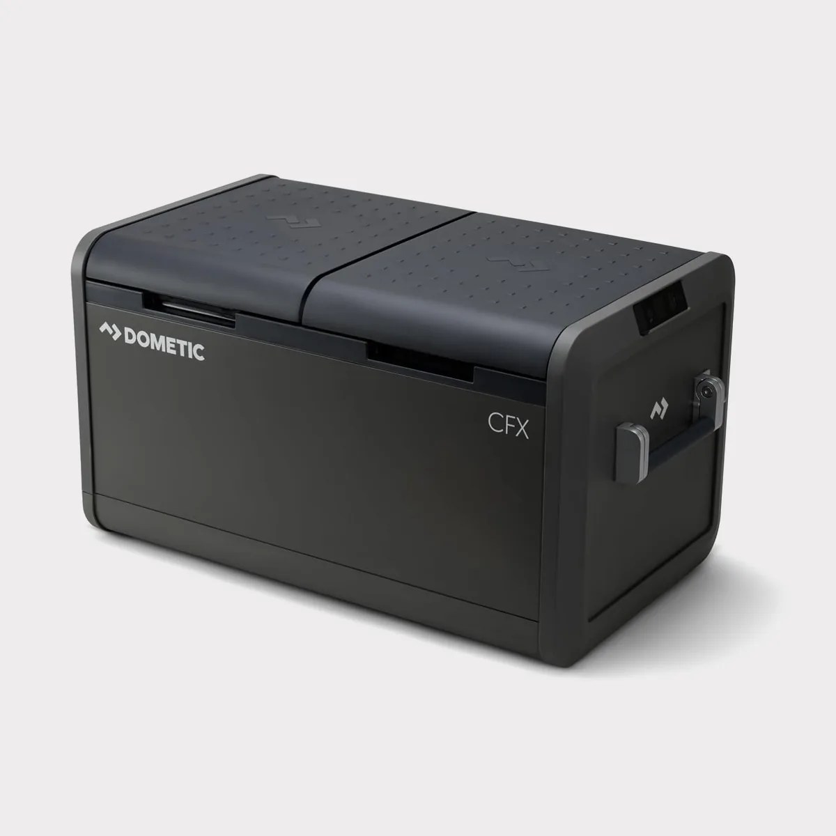 Black rectangular Dometic CFX portable cooler with dual lids and side handle on a white background.